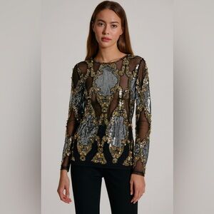 SONJA MORGAN Housewives Sheer Hand Beaded Embroidered Long Sleeve Top